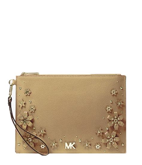 Medium Floral Embellished Pebbled Leather Pouch 